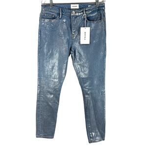 Frame NWT Le Skinny De Jeanne Mid Rise Shiny Fit Wax Coated Jean Size 31 Blue